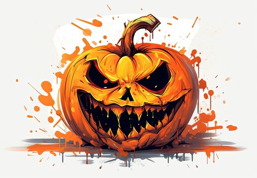 Happy Halloween! A scary face was carved out of a pumpkin. Jack's lantern is designed to guide ancestral spirits home and scare away evil spirits. IDigital art in watercolor style with paint splatters