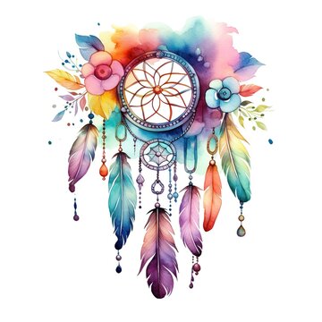 Watercolor rainbow art, dream catcher, feathers, clipart on white background