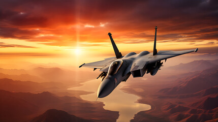 Sunset Aviator: Fighter Jet Soaring Through Mountainous Horizons. Generative ai