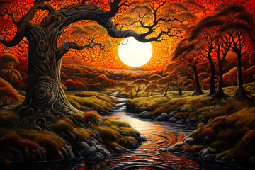 Samhain autumn landscape with river and orange trees, Celtic painting, fall, Halloween
