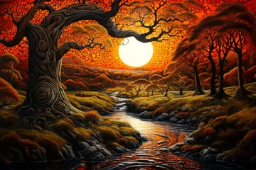 Zelfklevend Fotobehang Samhain autumn landscape with river and orange trees, Celtic painting, fall, Halloween © Sunshower Shots
