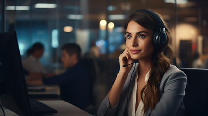 Telephone hotline, female employee with headset in callcenter gives support by phone in front of a computer, online meeting | Generative AI
