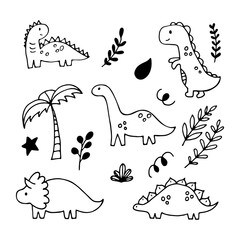 Cute hand drawn dinosaurs and tropical plants. Funny characters set. Dino collection for kids