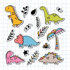 Dino collection for kids. Cute hand drawn dinosaurs and tropical plants. Stickers. Funny characters set