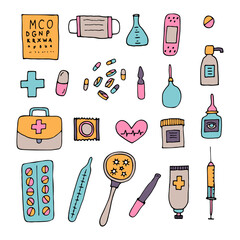 Hand drawn medicine icons. Health care, pharmacy, first aid. Outline design. Doodle style