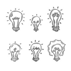 Hand drawn light bulbs. Doodle light bulb. Sketch, minimalistic design. Idea concept