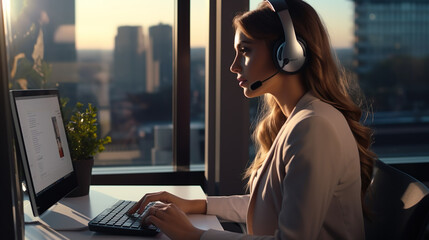 Telephone hotline, female employee with headset in callcenter gives support by phone in front of a computer, online meeting