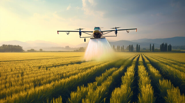 stockphoto, big agriculture drone spraying pesticides on a mais field. Innovative technology used for smart farming. Wireless control of high end equipment. Smart farming.