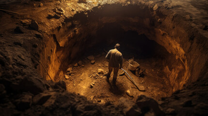 Worker inside a large hole digging with a shovel