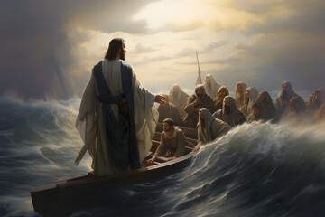 Jesus Christ on the boat calms the storm at sea. - obrazy, fototapety, plakaty