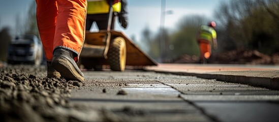 Groundworker in hi viz carrying concrete kerbs on construction site with copyspace for text