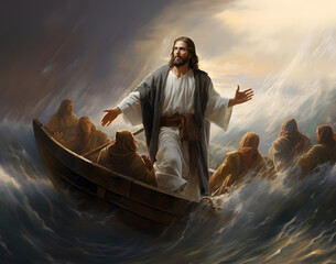 Jesus Christ on the boat calms the storm at sea.