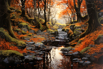 Painting of a stream in autumn, small waterfall in the forest, fall foliage