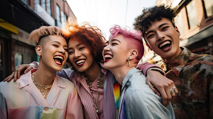 Young diverse friends having fun outdoor - Focus on gay Asian guy wearing make-up - obrazy, fototapety, plakaty