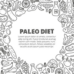 Obraz premium Poster with lettering paleo and doodle outline foods.