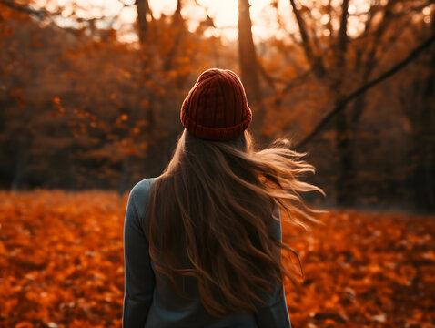 Back view of young girl in warm cloth and hat at autumn season