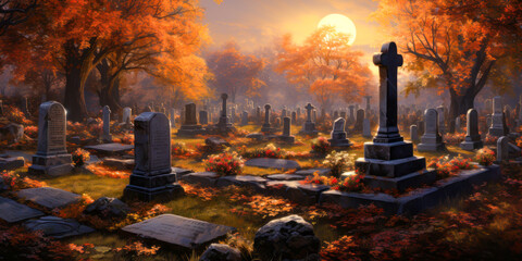 Cemetery graveyard landscape autumn painting, night, Halloween, wide banner