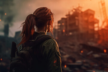 Rear view of a woman standing in a dystopian city during apocalypse
