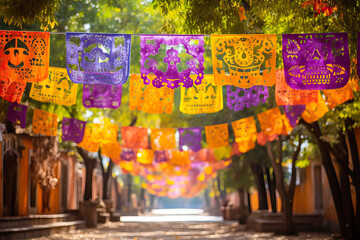 Papel picado tissue paper banners strung across street in Mexico, holiday, Day of the Dead - obrazy, fototapety, plakaty