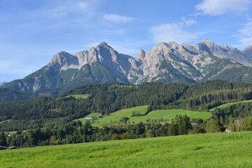 panorama of Steinernes Meer mountain range in summer in Austria 