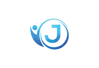 Letter J with human health care  logo design vector. Health care symbol template.