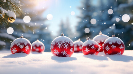 Boules de Noël rouges posées sur la neige. Paysage hivernal, neige, flocon. Pour conception et création graphique. - obrazy, fototapety, plakaty