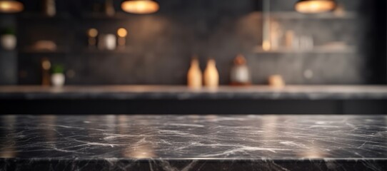 Modern empty dark marble table top or kitchen island on blurry bokeh kitchen room interior background. for montage product display. digital ai art, Generative AI