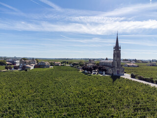Aerial view on rows of Merlot red grapes in Saint-Emilion wine making region in Pomerol,  right...