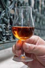 Tasting of Cognac strong alcohol drink in Cognac region, Charente with view on ols houses and...