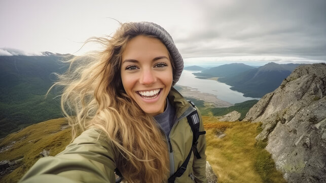 Young hiker woman taking selfie portrait on the top of mountain - Happy guy smiling at camera - Tourism, sport life style and social media influencer concept