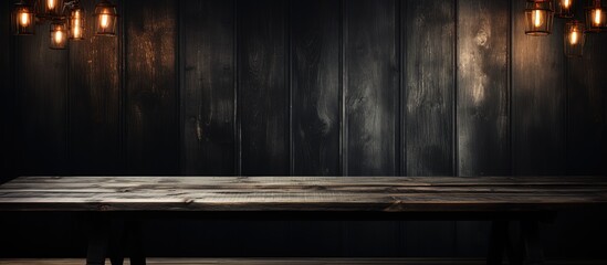 Concept for advertising Dark room with a wooden table with copyspace for text