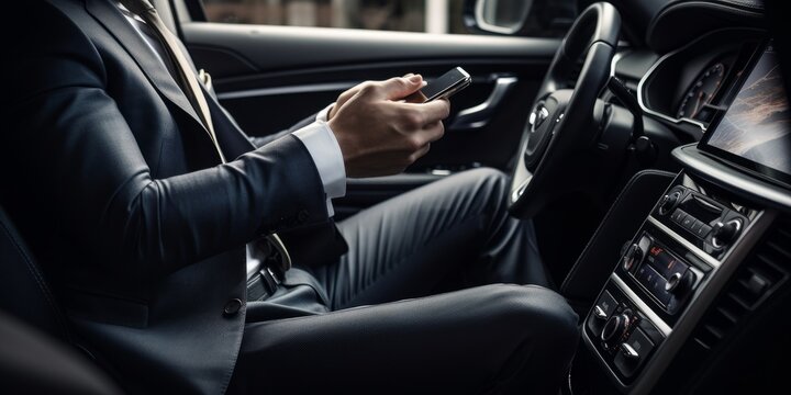 Successful businessman in suit holding smartphone and hand on steering wheel while driving luxury car, Generative AI