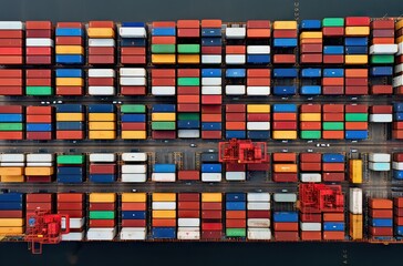 Obraz premium aerial view of a cargo port with many containers, logistics concept