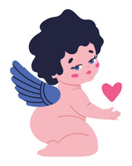 An angel with caps holds a heart in his hands. Flat vector illustration, eps10