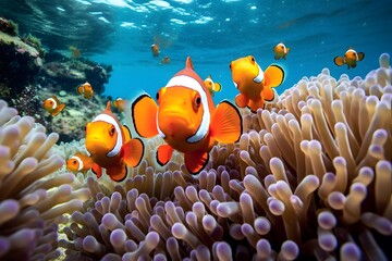 Clown anemonefish (Amphiprion bicolor) in the Red Sea - obrazy, fototapety, plakaty
