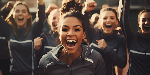 Young team of female athletes standing together and screaming in excitement. Diverse group of runners enjoying victory. - Powered by Adobe