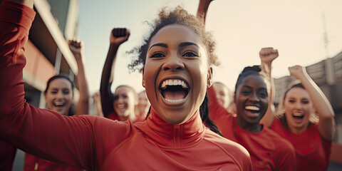 Young team of female athletes standing together and screaming in excitement. Diverse group of runners enjoying victory. - obrazy, fototapety, plakaty