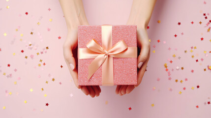 Womans hands holding gift or present box decorated confetti on pink pastel table top view. Composition for Christmass - obrazy, fototapety, plakaty