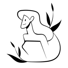 vector trendy linear stylized black and white drawing of a woman in profile with beautiful hair surrounded by flowers isolated on a white background. useful for print, postcards, posters, advertising.