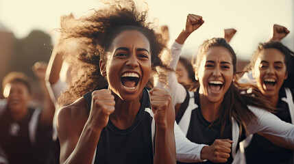 Young team of female athletes standing together and screaming in excitement. Diverse group of runners enjoying victory. - obrazy, fototapety, plakaty