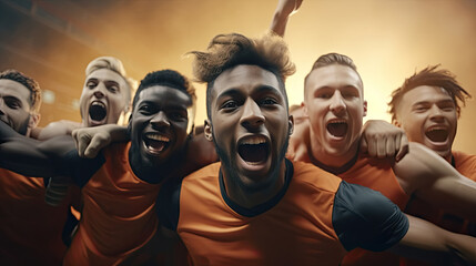 Young team of male athletes standing together and screaming in excitement. Diverse group of runners enjoying victory.