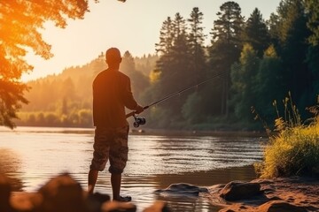 Fishing, a fisherman with a fishing rod on the shore of a lake or pond catches fish. Peaceful morning dawn and silence, fishing for perch crucian carp with bait, leisure hobby - obrazy, fototapety, plakaty