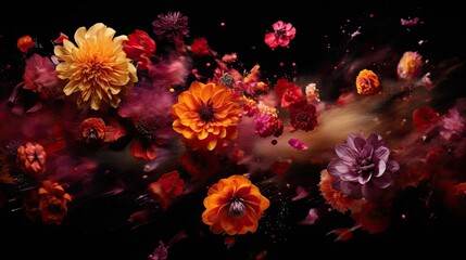 Abstract floral explosion of poppies and dahlias in a burst of reds, oranges, and purples on a pitch-black backdrop. Gorgeous floral design art.  - obrazy, fototapety, plakaty