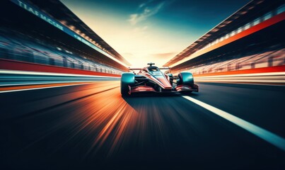 Fototapeta premium Racing car at high speed. Racer on a racing car passes the track. Motor sports competitive team racing. Motion blur background. Generative AI