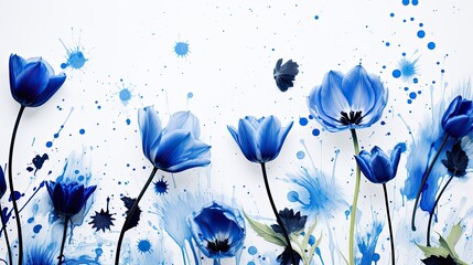 Dark blue and black ink splotches with silhouettes of tulips and daisies on a white surface,...
