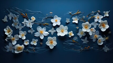 Floral outlines of cherry blossoms and daffodils on a deep blue canvas, reminiscent of a moonlit spring night. - obrazy, fototapety, plakaty