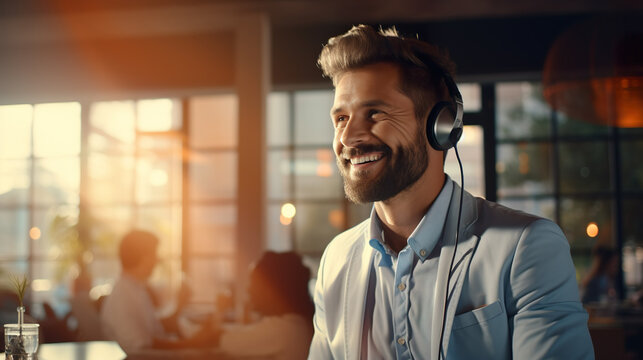 Telephone hotline, male employee man with headset in call center gives support by phone in front of a computer, online meeting