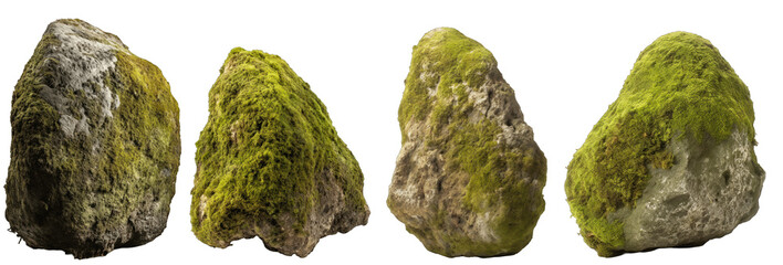 Large long stone shape mossy rocks, isolated on transparent background generative ai