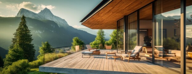 Naklejka premium Modern exterior of a luxury villa in a minimal style. Glass house in the mountains. Magnificent mountain views from the veranda of a modern villa. Luxury glamping, Generative AI