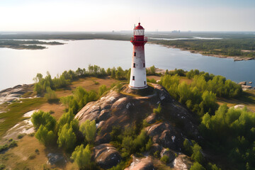 Aerial view of the Lighthouse on the island in summer, Landscape